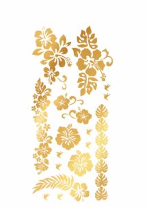 faux tatouages fleurs, tatouages fleurs dorées, faux tatouage été, Faux Tatouages Fleurs Dorées – Hibiscus et Monstera