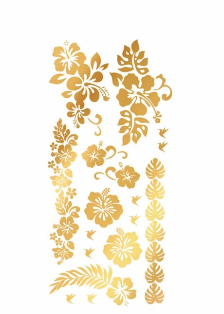 faux tatouages fleurs, tatouages fleurs dorées, faux tatouage été, Faux Tatouages Fleurs Dorées – Hibiscus et Monstera