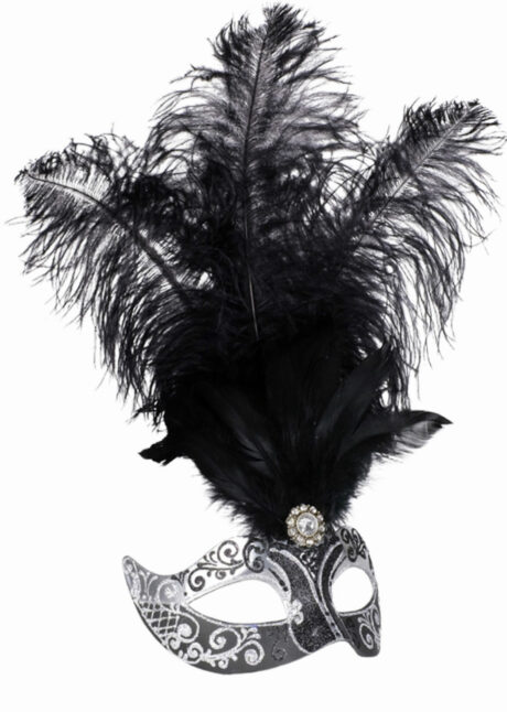masque vénitien à plumes, loup vénitien à plumes, vénitien plumes noires, Stella à Plumes, Noir et Argent, Vénitien Fait Main