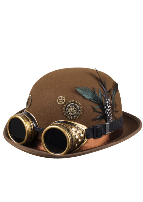 chapeau melon steampunk, chapeau steampunk, chapeau halloween, Chapeau Melon Steampunk, Lunettes et Plumes