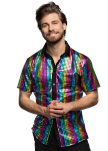 chemise disco paillettes, chemise disco brillante, chemise multicolores disco, Chemise Disco à Paillettes Multicolores, Manches Courtes