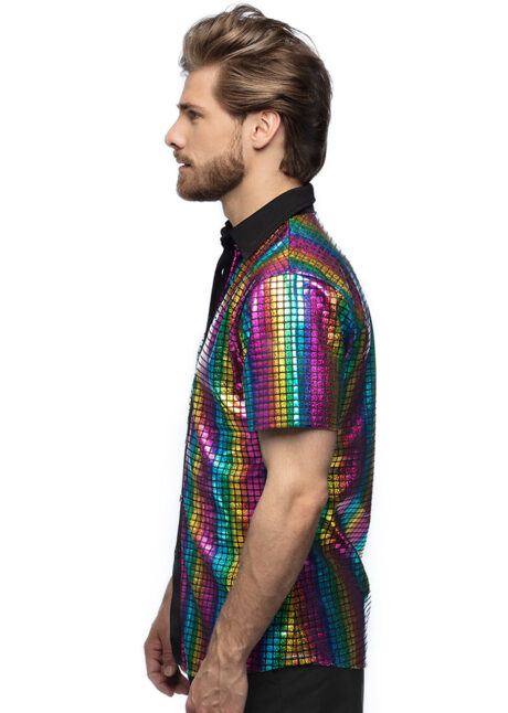 chemise disco paillettes, chemise disco brillante, chemise multicolores disco, Chemise Disco à Paillettes Multicolores, Manches Courtes