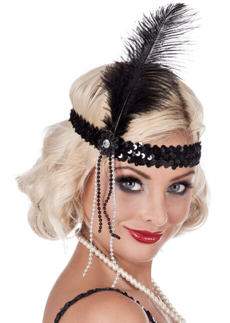 bandeau charleston noir, bandeau charleston, bandeau à plumes, accessoire déguisement, accessoire années 30, accessoire cabaret, bandeau charleston, bandeau années 30, bandeau années 20, déguisement charleston, accessoire cabaret, Bandeau Charleston à Plumes et Perles