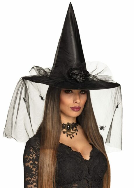 chapeau sorcière tulle, chapeau de sorcière Halloween femme, Chapeau de Sorcière avec Fleurs et Tulle