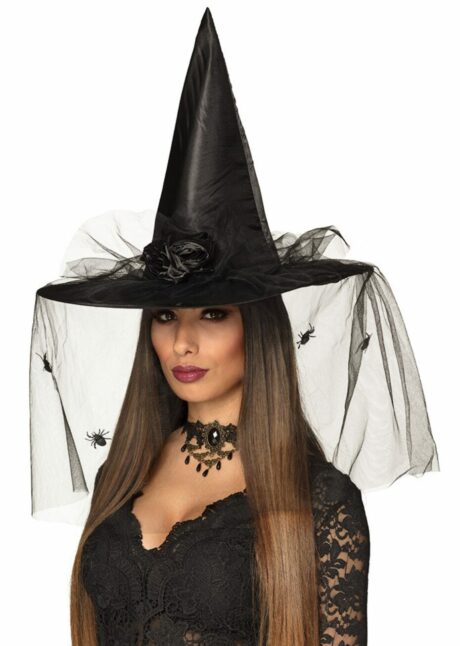 chapeau sorcière tulle, chapeau de sorcière Halloween femme, Chapeau de Sorcière avec Fleurs et Tulle