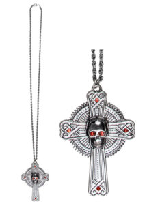 collier croix, collier halloween, croix de curé, Collier Croix Métal Tête de Mort, Sur Chaîne