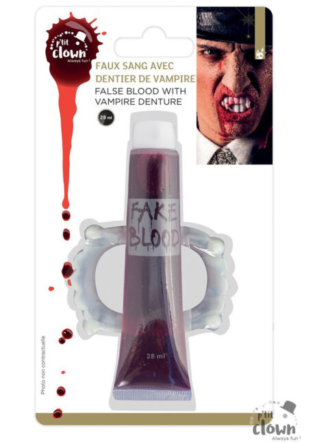 faux sang, dents de vampire, tube de faux sang, Faux Sang + Dentier de Vampire