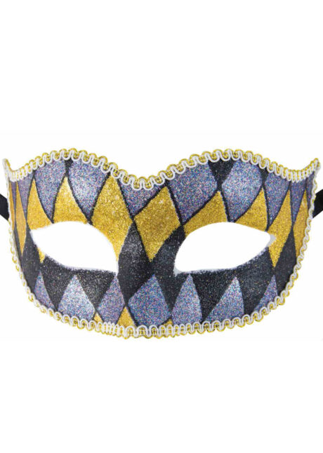 masque vénitien, loup vénitien, masque carnaval de venise, Arlequin Paillettes, Noir et Doré, Vénitien