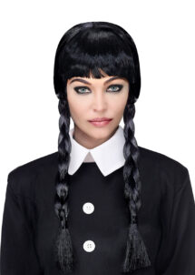 perruque mercredi Addams, perruque tresses noires, perruque Halloween, Perruque Mercredi, Tresses Noires et Frange