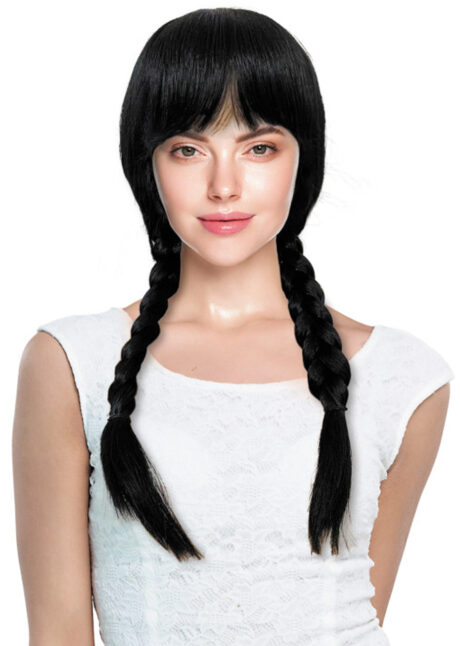 perruque mercredi Addams, perruque tresses noires, perruque mercredi avec frange, Perruque Mercredi, Tresses Noires et Frange