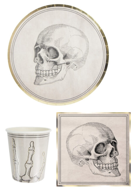 vaisselle halloween, vaisselle jetable, vaisselle squelette, Vaisselle Cabinet de Curiosités, Serviettes Crâne