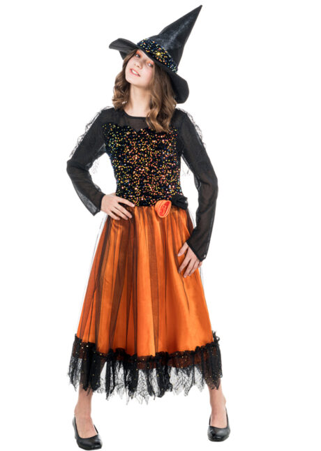 déguisement de sorcière fille, déguisement sorcière orange fille, déguisement sorcière paillettes fille, Déguisement de Sorcière Lucida, Orange, Fille