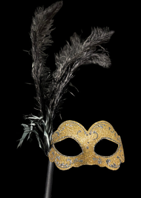masque vénitien sur baton, masque vénitien plumes, Loup Baby Bâton, Paillettes Dorées et Plumes Noires, Vénitien Fait Main