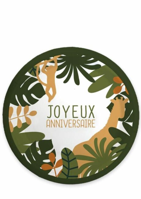 ASSIETTES ANNIVERSAIRE THEME JUNGLE, assiettes anniversaire jungle, Assiettes Anniversaire Jungle – 23 cm