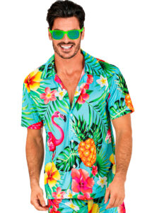 chemise hawaïenne, déguisement Hawaï, thème tropiques, chemise à fleurs, Chemise Hawaï et Tropiques, Flamant