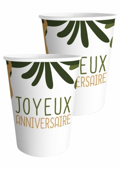 GOBELETS CARTON ANNIVERSAIRE JUNGLE, anniversaire thème jungle, Gobelets Anniversaire Jungle – 210 ml