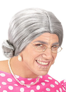 perruque de grand mère, perruque mamie, perruque chignon, perruque grise, Perruque de Grand Mère avec Chignon, Grise