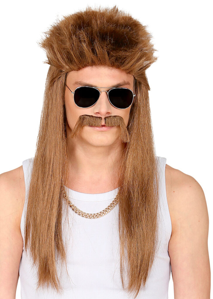 Perruque Mulet Années 80 - Marron - Avec Lunettes De Soleil - Pour Cosplay, Fête, Halloween