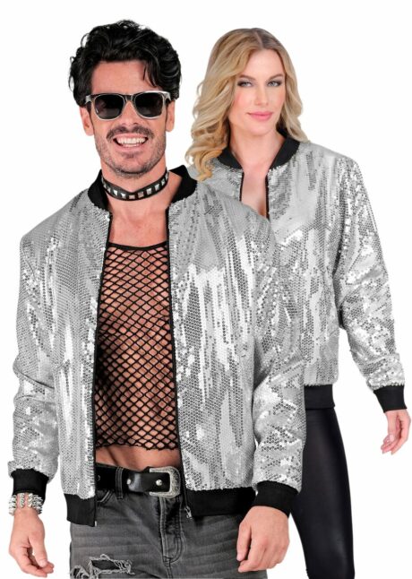 veste disco argent, bombers paillettes argent, tenue disco argent, Bombers Argent à Paillettes – Veste Disco
