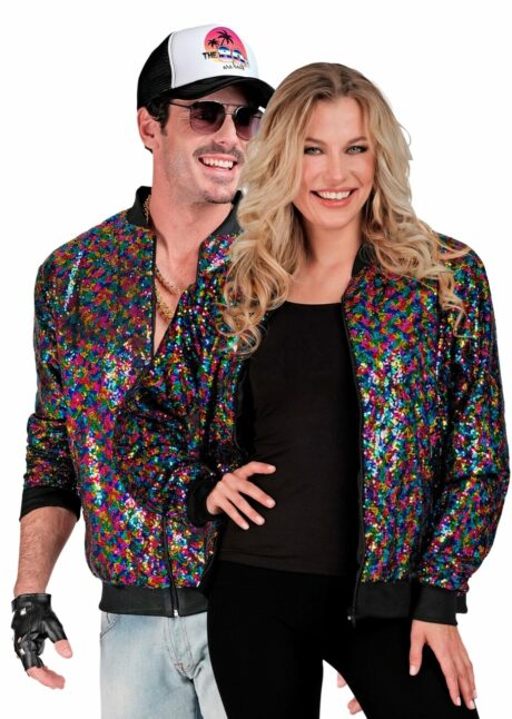 veste disco paillettes, bombers disco seguins, tenue disco, Bombers Multicolore à Paillettes – Veste Disco