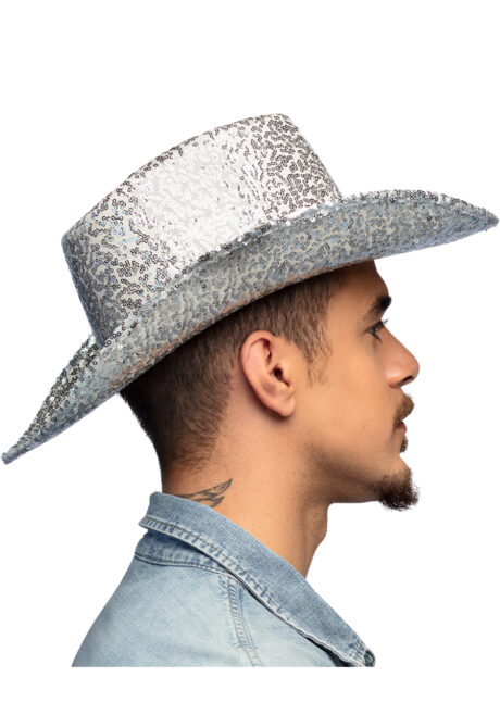 chapeau paillettes, chapeau cowboy argent, chapeau cowboy festivals, chapeau sequins argent, Chapeau de Cowboy Paillettes Argent