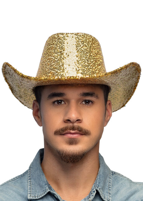 chapeau paillettes, chapeau cowboy doré, chapeau cowboy festivals, chapeau sequins dorés, Chapeau de Cowboy Paillettes Dorées