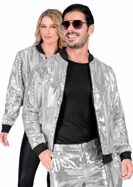 veste disco argent, bombers paillettes argent, tenue disco argent, Bombers Argent à Paillettes – Veste Disco