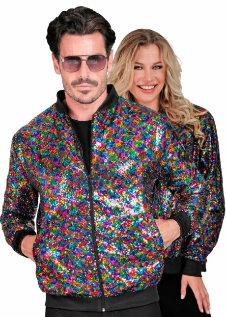 veste disco paillettes, bombers disco seguins, tenue disco, Bombers Multicolore à Paillettes – Veste Disco
