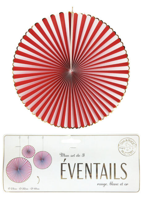 EVENTAILS-ROSACES-PAPIER-ROUGES, 3 Eventails, Rosaces de Décoration, Rouge et Blanc