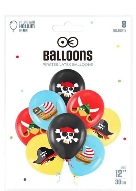 ballons baudruche, ballons pirates, ballons hélium, ballons enfants, 8 Ballons Imprimés Pirates Multicolores, en Latex