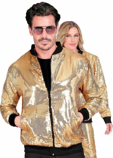 veste disco dorée, bombers disco paillettes, tenue disco dorée, Bombers Doré à Paillettes – Veste Disco