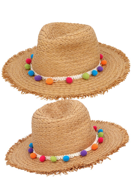 CHAPEAU-BOHEME-PAILLE-IBIZA-54458, Chapeau Bohème Ibiza, Paille et Pompons