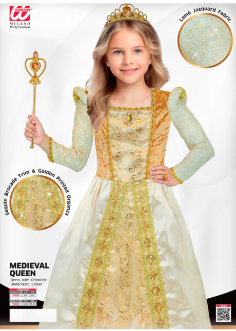 costume princesse dorée fille, costume reine médiévale dorée fille, Déguisement de Reine Médiévale, Dorée, Fille