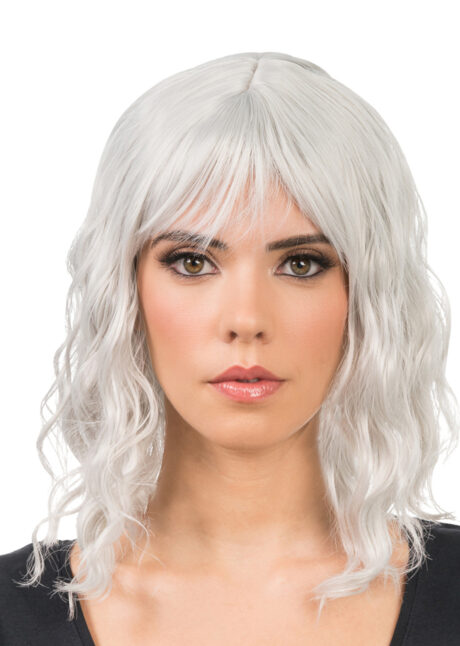 perruque grise femme, perruque qualité, perruque ondulée, perruque Halloween, Perruque Bahia, Carré Ondulé, Gris Perle