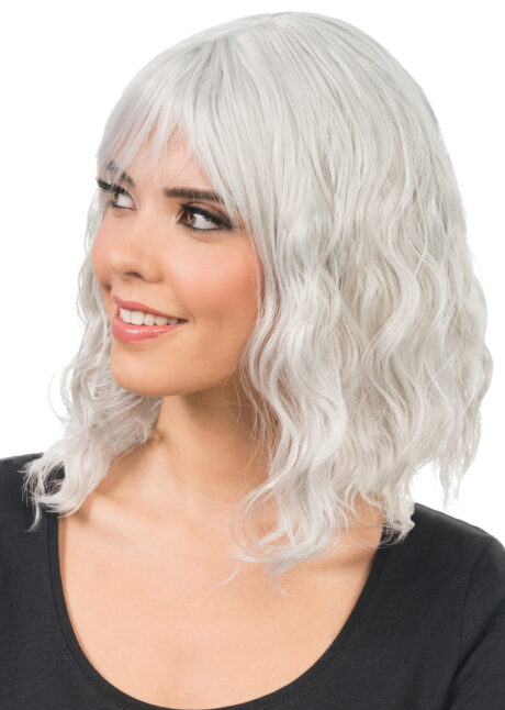 perruque grise femme, perruque qualité, perruque ondulée, perruque Halloween, Perruque Bahia, Carré Ondulé, Gris Perle