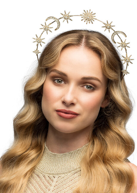 Couronne de déesse soirée déguisée, serre tête étoiles, halo étoiles strass, Coiffe Calypso Festivals, Serre-Tête Métal Strass avec Etoiles et Lunes