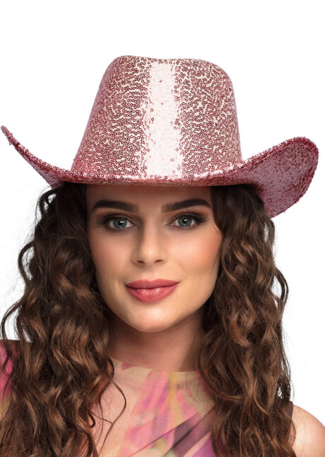 chapeau cowboy à paillettes roses, Chapeau de Cowboy Paillettes Rose Clair