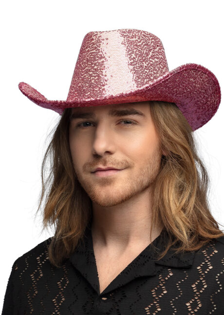 chapeau paillettes, chapeau cowboy rose, chapeau cowboy festivals, chapeau sequins roses, Chapeau de Cowboy Paillettes Rose Clair