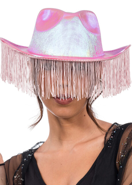 chapeau de cowboy rose, chapeau cowboy femme, chapeau cowboy festivals, Chapeau de Cowboy à Franges, Rose Irisé