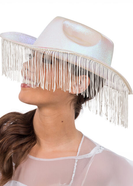 chapeau de cowboy blanc, chapeau cowboy femme, chapeau cowboy festivals, Chapeau de Cowboy à Franges, Blanc Perle Irisé