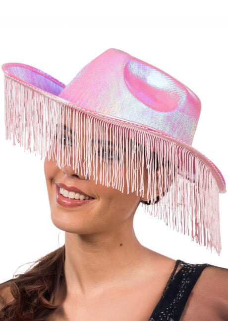 chapeau de cowboy rose, chapeau cowboy femme, chapeau cowboy festivals, Chapeau de Cowboy à Franges, Rose Irisé