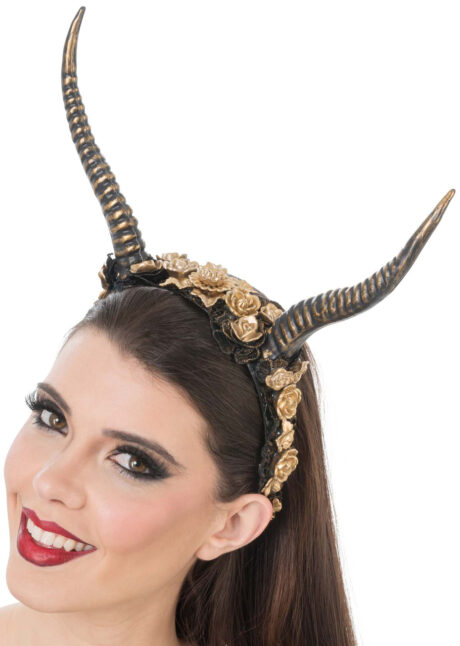 cornes de démon femme, cornes démon Halloween, cornes de diable, cornes dorées, Cornes de Démon Fleuries, Doré