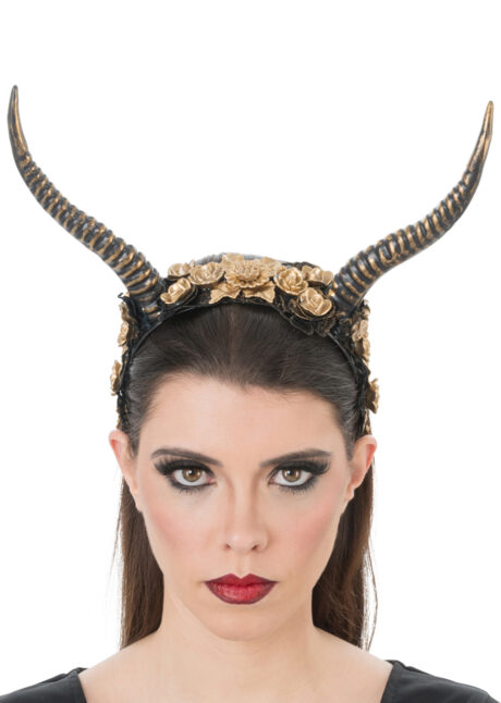cornes de démon femme, cornes démon Halloween, cornes de diable, cornes dorées, Cornes de Démon Fleuries, Doré
