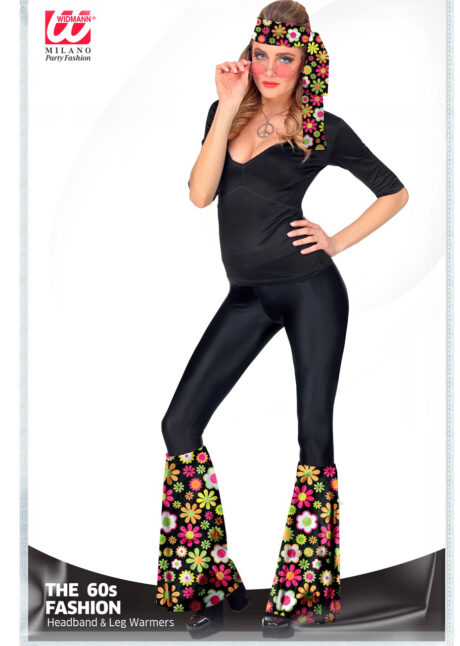 jambières hippies, jambières disco, accessoire flotter power, Jambières Pattes d’Eph et Bandeau, Fleurs sur Fond Noir