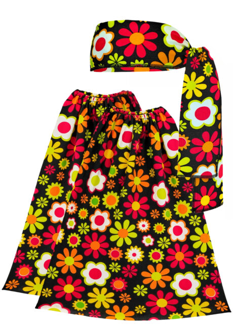 jambières hippies, jambières disco, accessoire flotter power, Jambières Pattes d’Eph et Bandeau, Fleurs sur Fond Noir