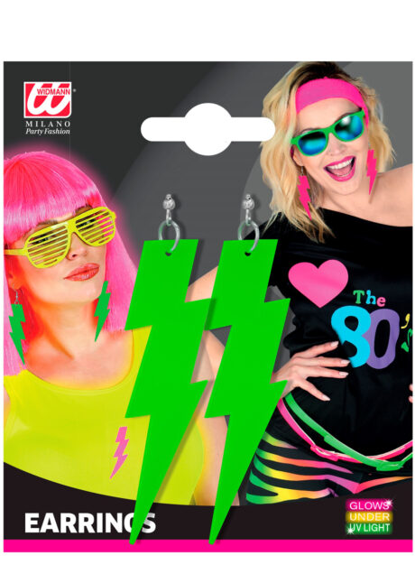 boucles d'oreilles vertes, bijoux fluos, bijoux années 80, Boucles d’Oreilles Années 80, Eclairs Vert Fluo