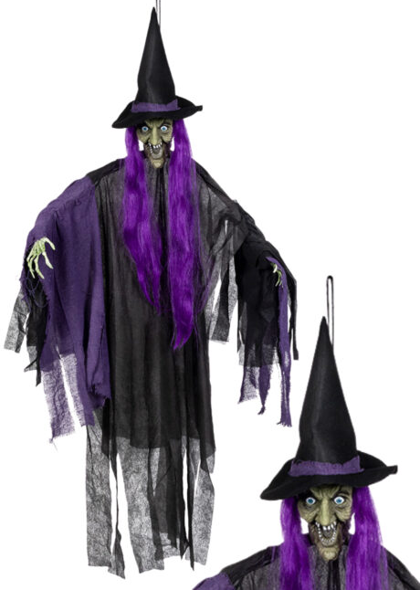 suspension sorcière Halloween, déco Halloween sorcière, Suspension Sorcière Violette, Yeux Lumineux