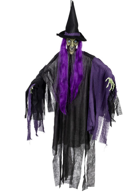 sorcière à suspendre, déco Halloween, Suspension Sorcière Violette, Yeux Lumineux