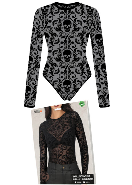 body tulle baroque, body avec tête de mort, body femme gothique, Body Résille Gothique, Tulle et Têtes de Morts