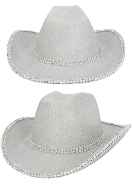 chapeau de cowboy argent paillettes, disponible Aux Feux de la Fête à Paris, Chapeau de Cowboy Charly, Paillettes Argent et Strass
